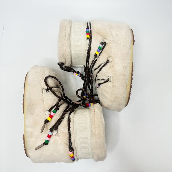 Moon Boot Resort Icon Low Cream Faux Fur Beaded Lace Up Snow Boots 5.5 - 7 - Picture 6 of 16